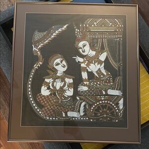 Large Traditional Thai Art Silk Print in Brown Brass with glass frame.